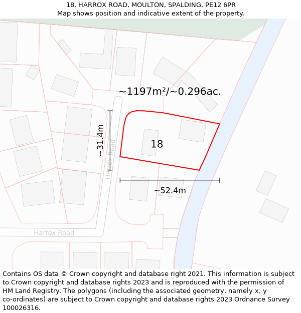 18, HARROX ROAD, MOULTON, SPALDING, PE12 6PR: Plot and title map