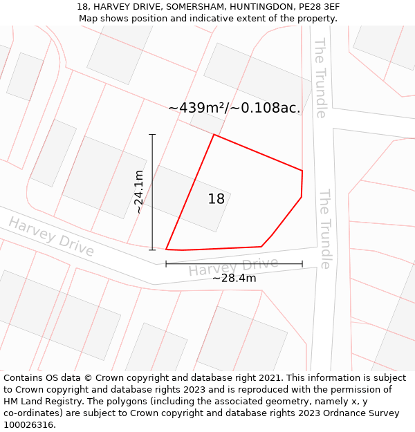 18, HARVEY DRIVE, SOMERSHAM, HUNTINGDON, PE28 3EF: Plot and title map