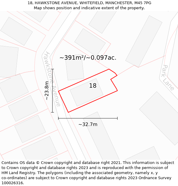 18, HAWKSTONE AVENUE, WHITEFIELD, MANCHESTER, M45 7PG: Plot and title map