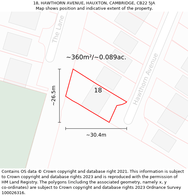 18, HAWTHORN AVENUE, HAUXTON, CAMBRIDGE, CB22 5JA: Plot and title map