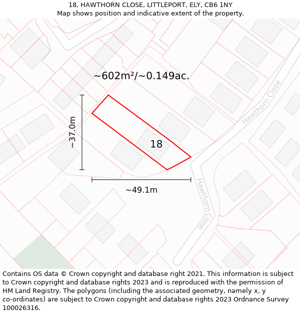 18, HAWTHORN CLOSE, LITTLEPORT, ELY, CB6 1NY: Plot and title map