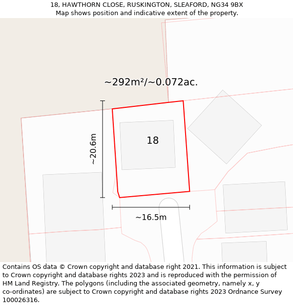 18, HAWTHORN CLOSE, RUSKINGTON, SLEAFORD, NG34 9BX: Plot and title map