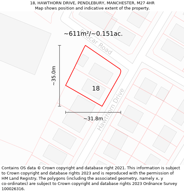 18, HAWTHORN DRIVE, PENDLEBURY, MANCHESTER, M27 4HR: Plot and title map