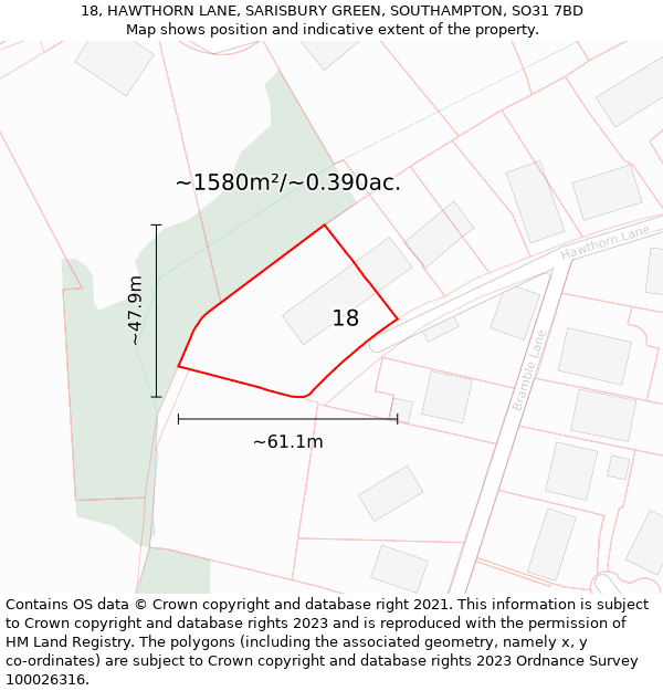 18, HAWTHORN LANE, SARISBURY GREEN, SOUTHAMPTON, SO31 7BD: Plot and title map