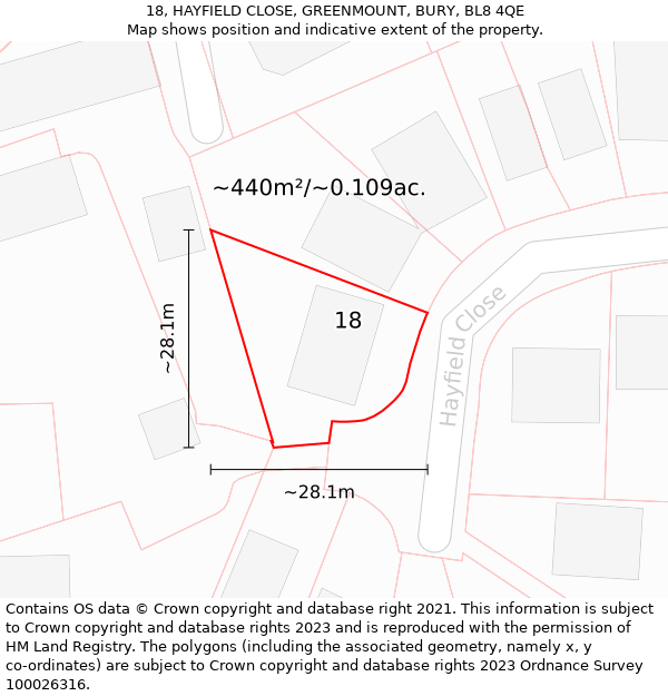 18, HAYFIELD CLOSE, GREENMOUNT, BURY, BL8 4QE: Plot and title map