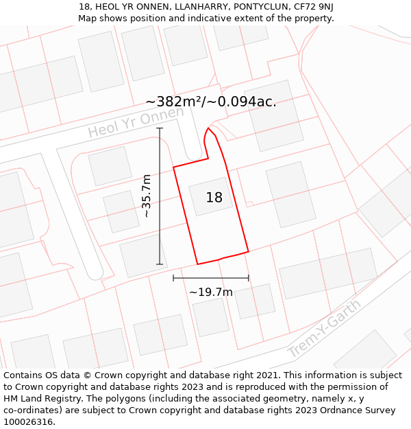 18, HEOL YR ONNEN, LLANHARRY, PONTYCLUN, CF72 9NJ: Plot and title map