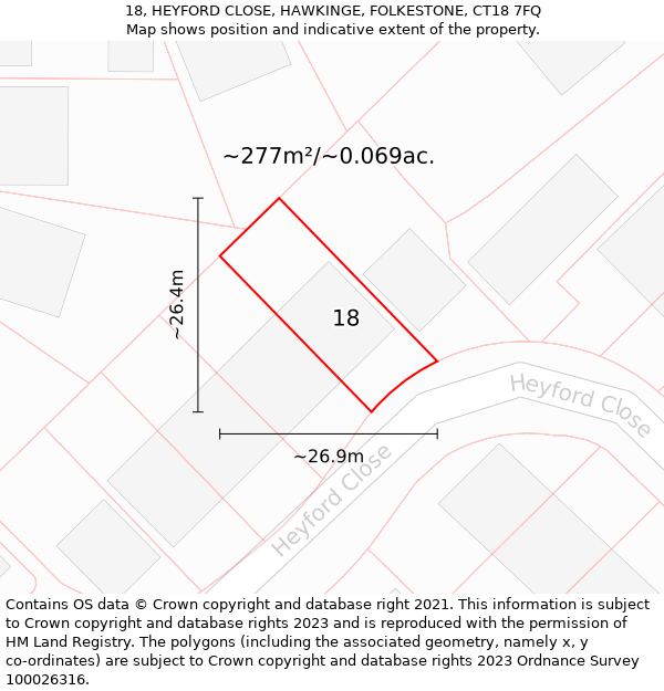 18, HEYFORD CLOSE, HAWKINGE, FOLKESTONE, CT18 7FQ: Plot and title map