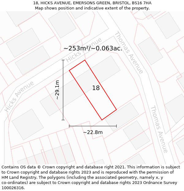 18, HICKS AVENUE, EMERSONS GREEN, BRISTOL, BS16 7HA: Plot and title map