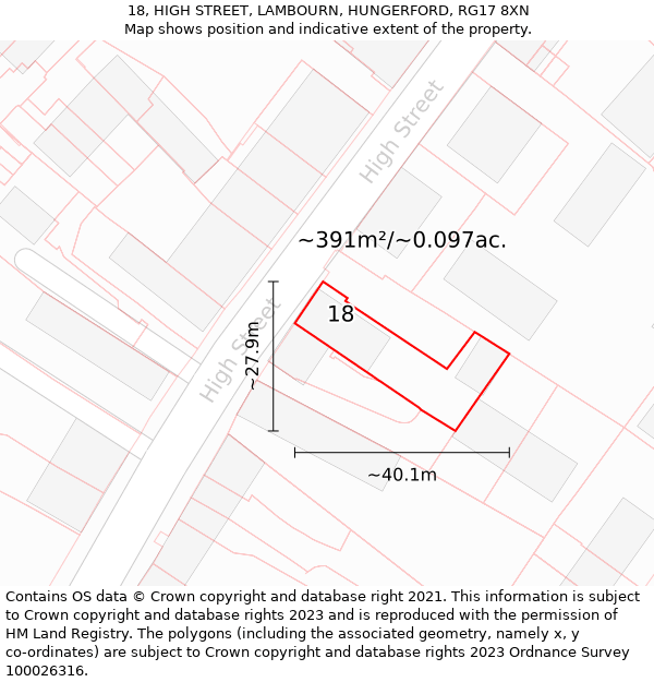 18, HIGH STREET, LAMBOURN, HUNGERFORD, RG17 8XN: Plot and title map