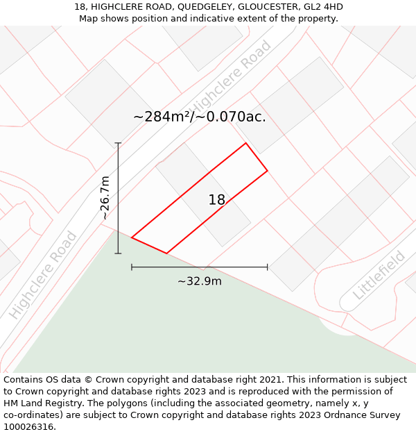 18, HIGHCLERE ROAD, QUEDGELEY, GLOUCESTER, GL2 4HD: Plot and title map