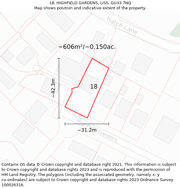 18, HIGHFIELD GARDENS, LISS, GU33 7NQ: Plot and title map