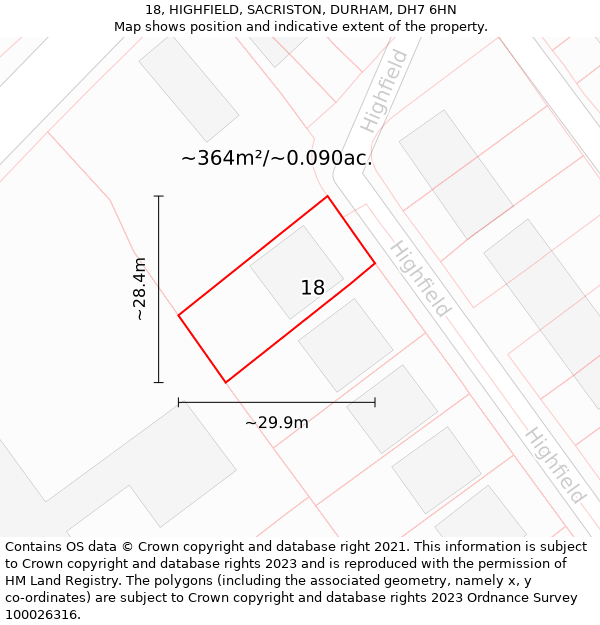 18, HIGHFIELD, SACRISTON, DURHAM, DH7 6HN: Plot and title map