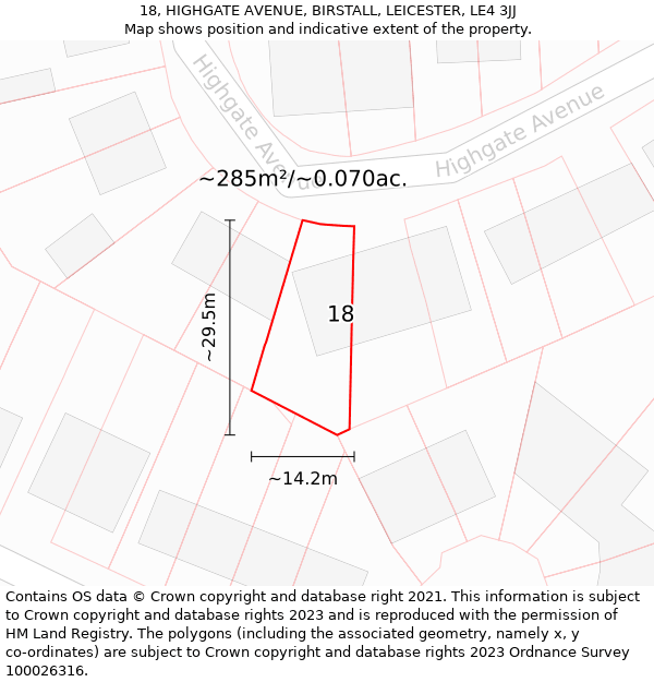 18, HIGHGATE AVENUE, BIRSTALL, LEICESTER, LE4 3JJ: Plot and title map