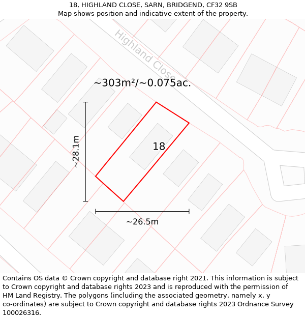 18, HIGHLAND CLOSE, SARN, BRIDGEND, CF32 9SB: Plot and title map