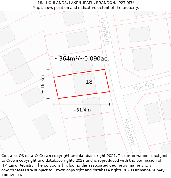 18, HIGHLANDS, LAKENHEATH, BRANDON, IP27 9EU: Plot and title map