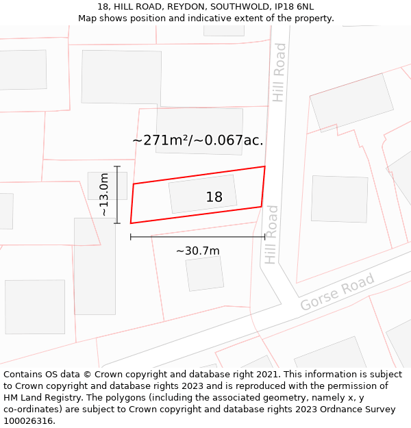 18, HILL ROAD, REYDON, SOUTHWOLD, IP18 6NL: Plot and title map