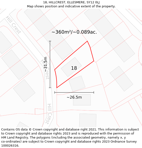 18, HILLCREST, ELLESMERE, SY12 0LJ: Plot and title map