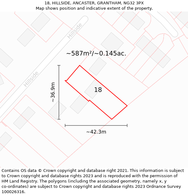 18, HILLSIDE, ANCASTER, GRANTHAM, NG32 3PX: Plot and title map