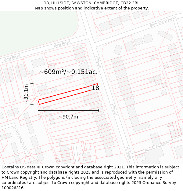 18, HILLSIDE, SAWSTON, CAMBRIDGE, CB22 3BL: Plot and title map