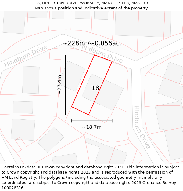 18, HINDBURN DRIVE, WORSLEY, MANCHESTER, M28 1XY: Plot and title map