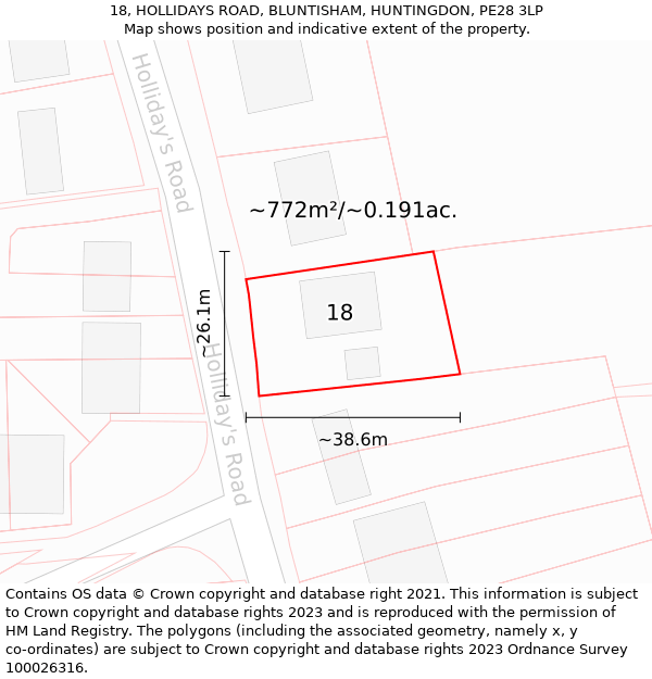 18, HOLLIDAYS ROAD, BLUNTISHAM, HUNTINGDON, PE28 3LP: Plot and title map