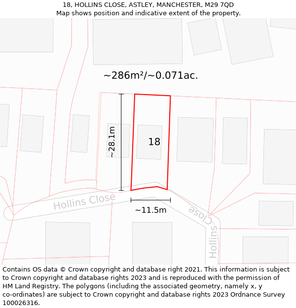 18, HOLLINS CLOSE, ASTLEY, MANCHESTER, M29 7QD: Plot and title map