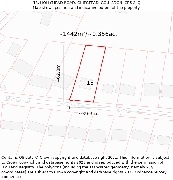 18, HOLLYMEAD ROAD, CHIPSTEAD, COULSDON, CR5 3LQ: Plot and title map