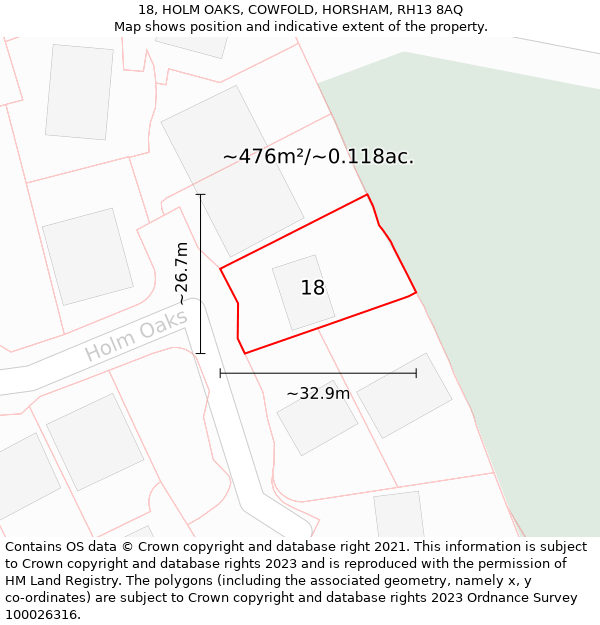 18, HOLM OAKS, COWFOLD, HORSHAM, RH13 8AQ: Plot and title map