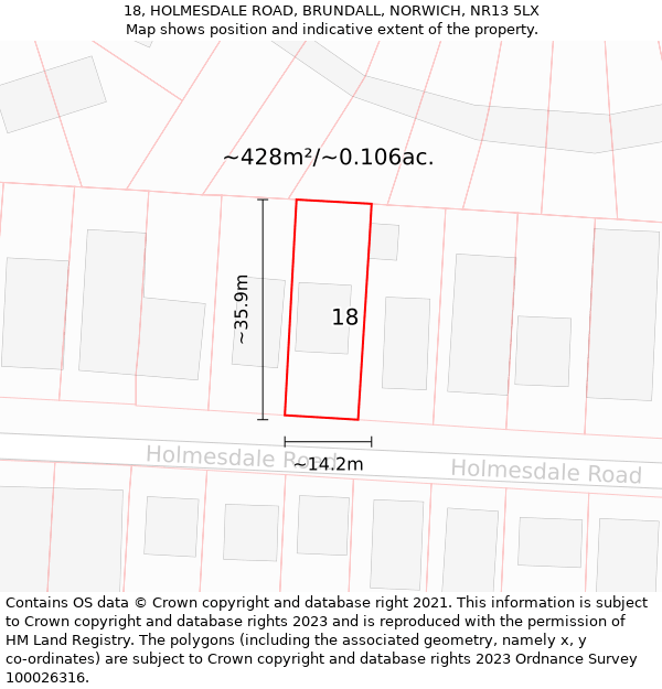 18, HOLMESDALE ROAD, BRUNDALL, NORWICH, NR13 5LX: Plot and title map