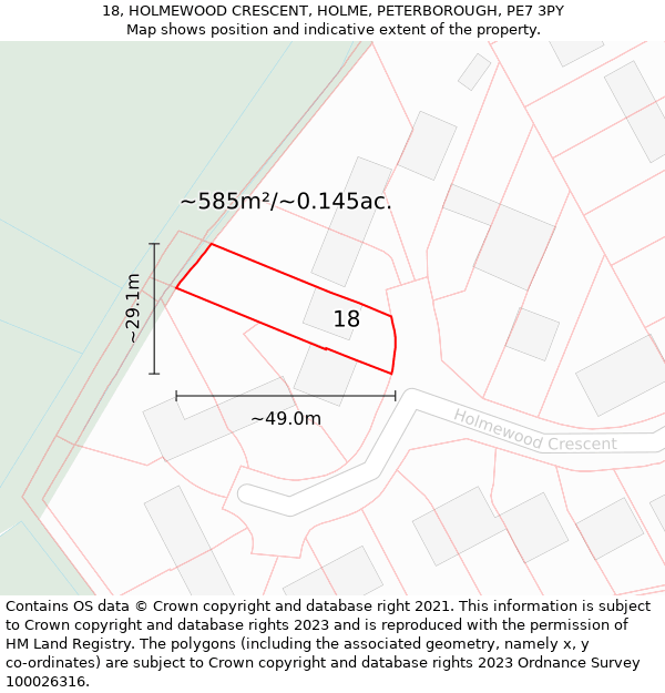 18, HOLMEWOOD CRESCENT, HOLME, PETERBOROUGH, PE7 3PY: Plot and title map