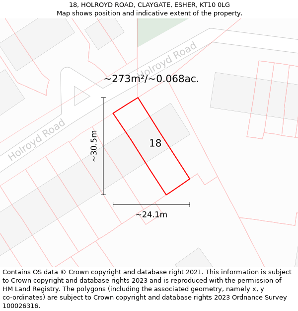 18, HOLROYD ROAD, CLAYGATE, ESHER, KT10 0LG: Plot and title map