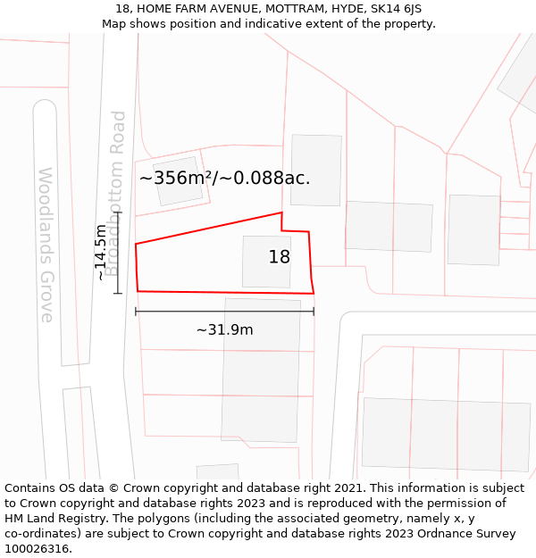 18, HOME FARM AVENUE, MOTTRAM, HYDE, SK14 6JS: Plot and title map