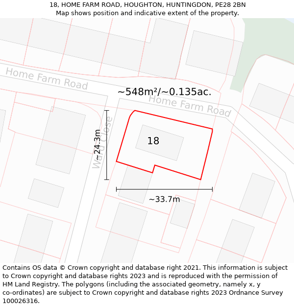 18, HOME FARM ROAD, HOUGHTON, HUNTINGDON, PE28 2BN: Plot and title map