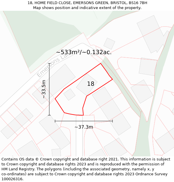 18, HOME FIELD CLOSE, EMERSONS GREEN, BRISTOL, BS16 7BH: Plot and title map