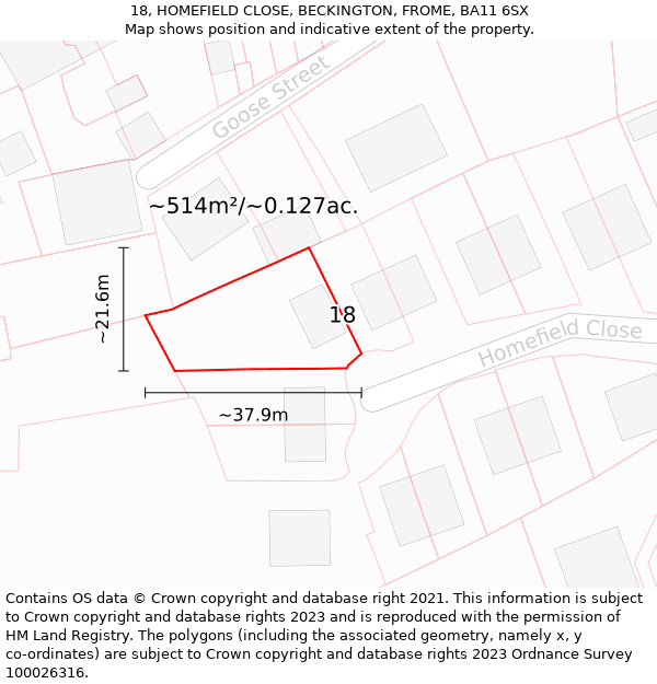 18, HOMEFIELD CLOSE, BECKINGTON, FROME, BA11 6SX: Plot and title map