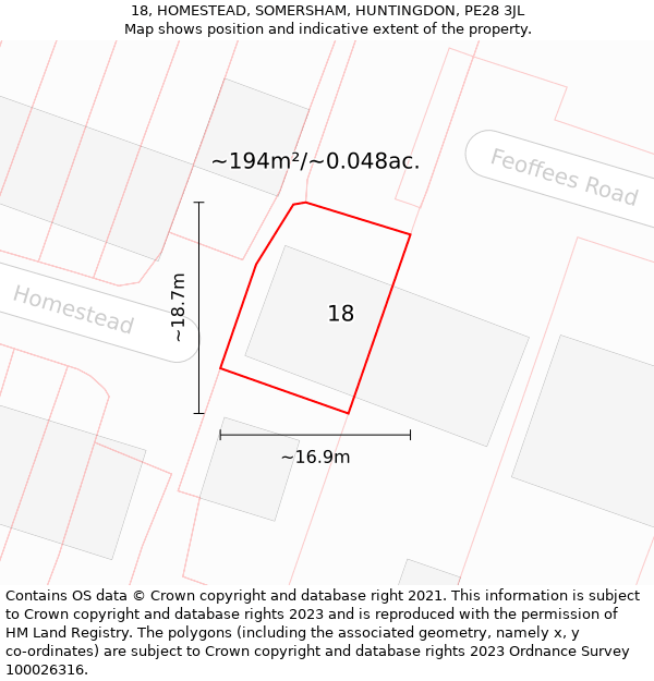 18, HOMESTEAD, SOMERSHAM, HUNTINGDON, PE28 3JL: Plot and title map