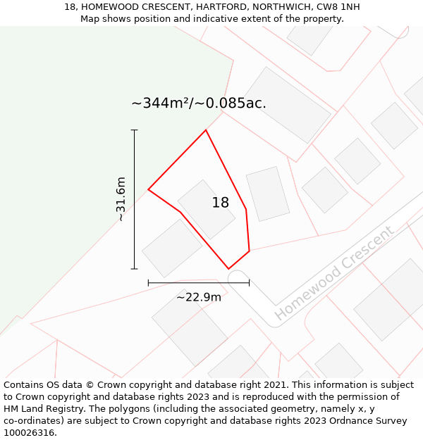 18, HOMEWOOD CRESCENT, HARTFORD, NORTHWICH, CW8 1NH: Plot and title map