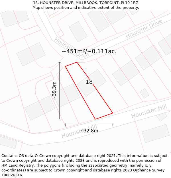 18, HOUNSTER DRIVE, MILLBROOK, TORPOINT, PL10 1BZ: Plot and title map