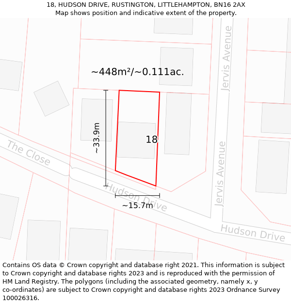 18, HUDSON DRIVE, RUSTINGTON, LITTLEHAMPTON, BN16 2AX: Plot and title map