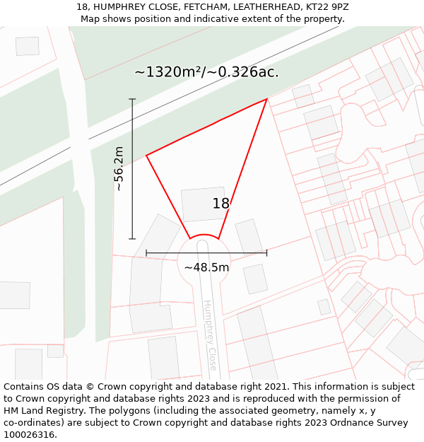 18, HUMPHREY CLOSE, FETCHAM, LEATHERHEAD, KT22 9PZ: Plot and title map