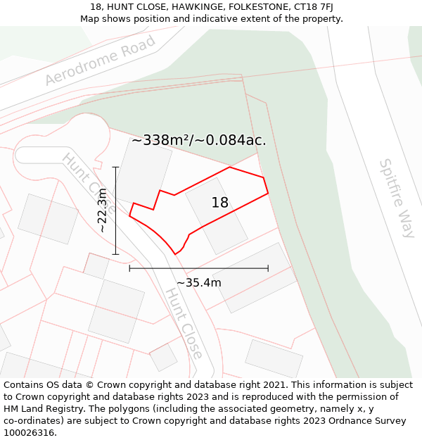 18, HUNT CLOSE, HAWKINGE, FOLKESTONE, CT18 7FJ: Plot and title map