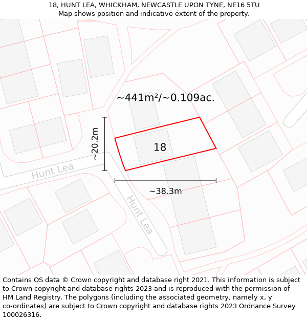 18, HUNT LEA, WHICKHAM, NEWCASTLE UPON TYNE, NE16 5TU: Plot and title map