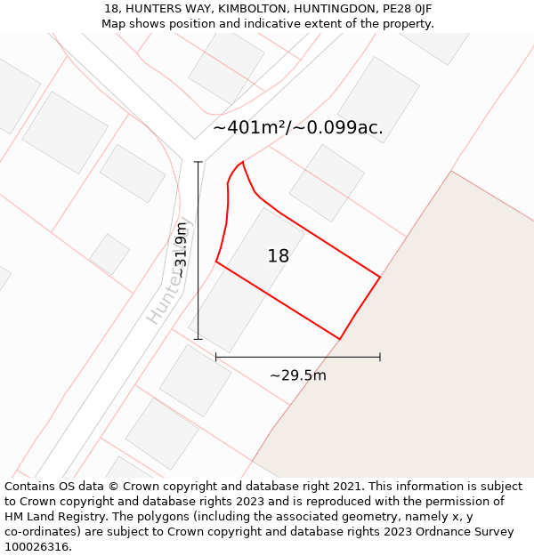 18, HUNTERS WAY, KIMBOLTON, HUNTINGDON, PE28 0JF: Plot and title map