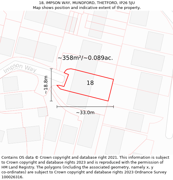 18, IMPSON WAY, MUNDFORD, THETFORD, IP26 5JU: Plot and title map