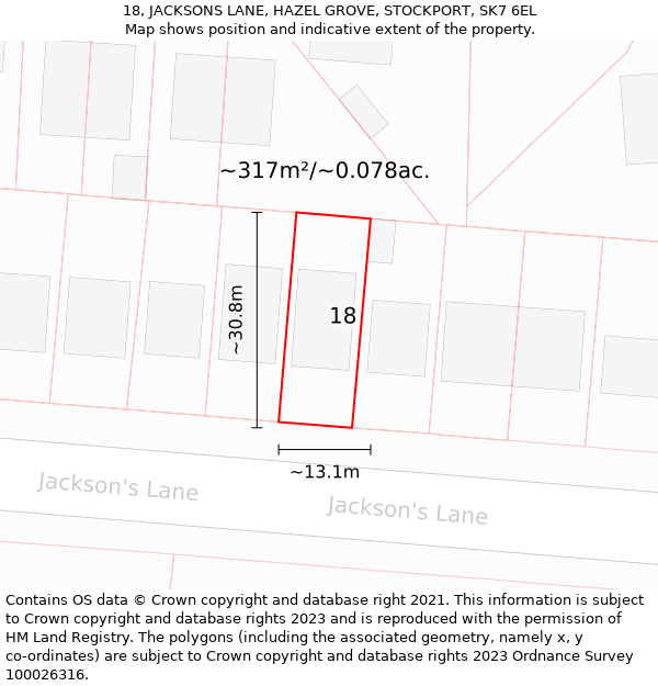 18, JACKSONS LANE, HAZEL GROVE, STOCKPORT, SK7 6EL: Plot and title map