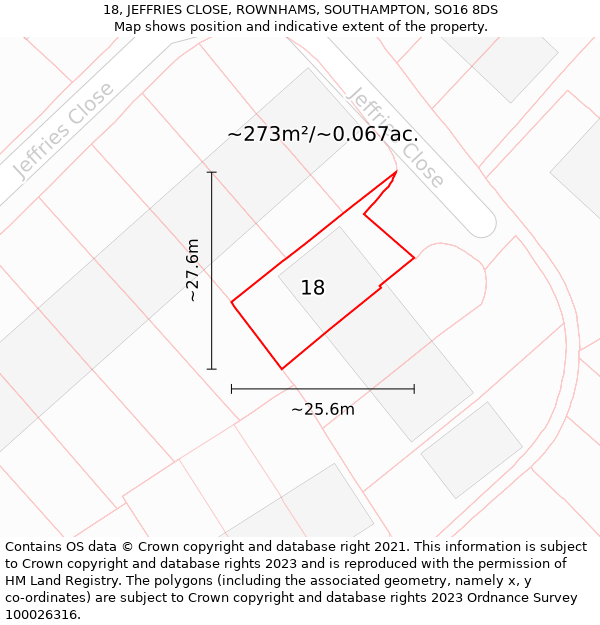 18, JEFFRIES CLOSE, ROWNHAMS, SOUTHAMPTON, SO16 8DS: Plot and title map