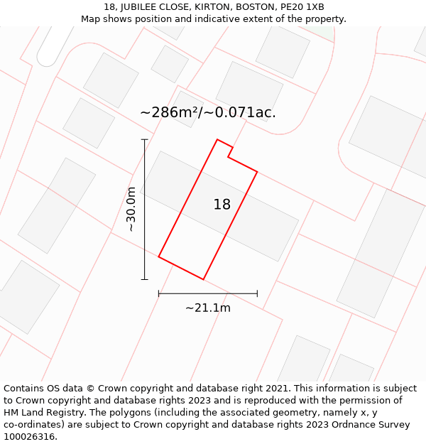 18, JUBILEE CLOSE, KIRTON, BOSTON, PE20 1XB: Plot and title map