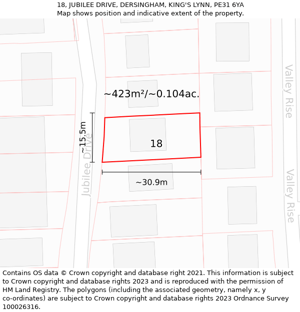 18, JUBILEE DRIVE, DERSINGHAM, KING'S LYNN, PE31 6YA: Plot and title map