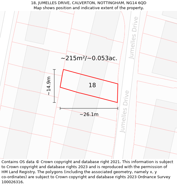 18, JUMELLES DRIVE, CALVERTON, NOTTINGHAM, NG14 6QD: Plot and title map