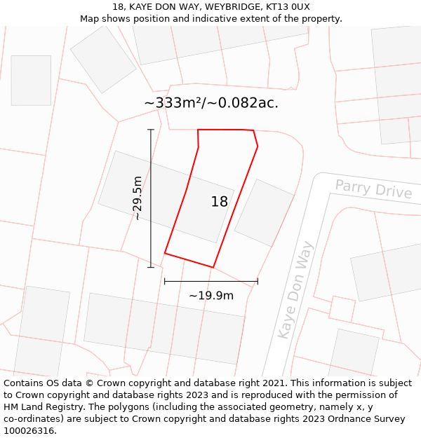 18, KAYE DON WAY, WEYBRIDGE, KT13 0UX: Plot and title map